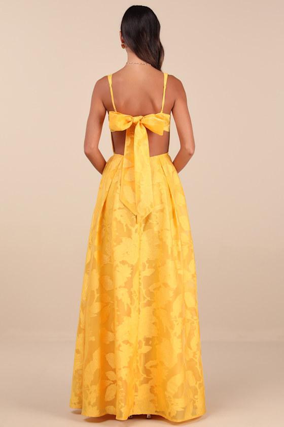 Perfected Aura Yellow Jacquard Tie-Back Maxi Dress with Pockets Product Image