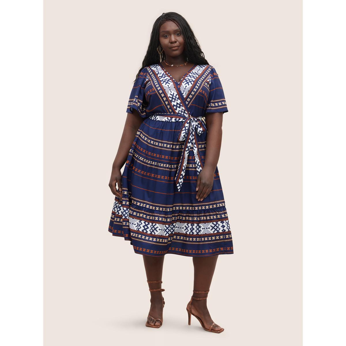 Plus Size Boho Print Wrap Flutter Sleeve Belted Dress DarkBlue Women Resort Overlapping Overlap Collar Short sleeve Curvy Midi Dress BloomChic 28/5X Product Image
