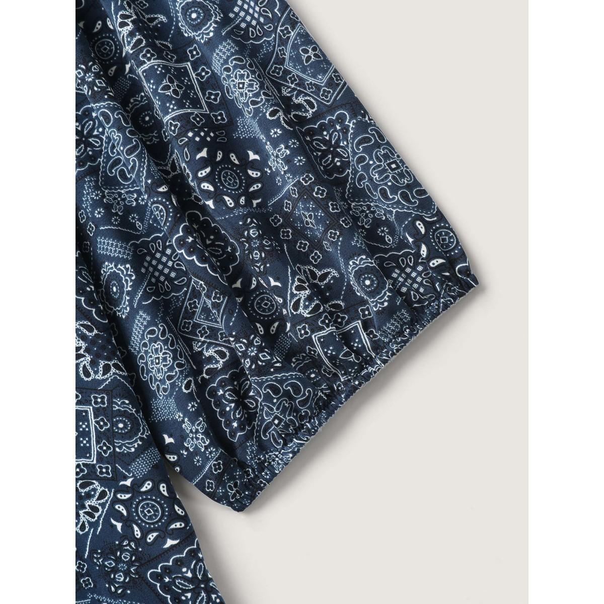 Plus Size Indigo Boho Print Neck Tie Lantern Sleeve Blouse Women Elbow-length sleeve Notched collar Vacation Blouses BloomChic 28/5X Product Image