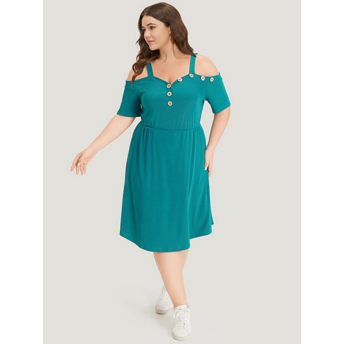 Plus Size Plain Pocket Button Detail Cold Shoulder Cami Dress Teal Women Casual Plain Cold Shoulder Short sleeve Curvy Knee Dress BloomChic 18-20/2X Product Image