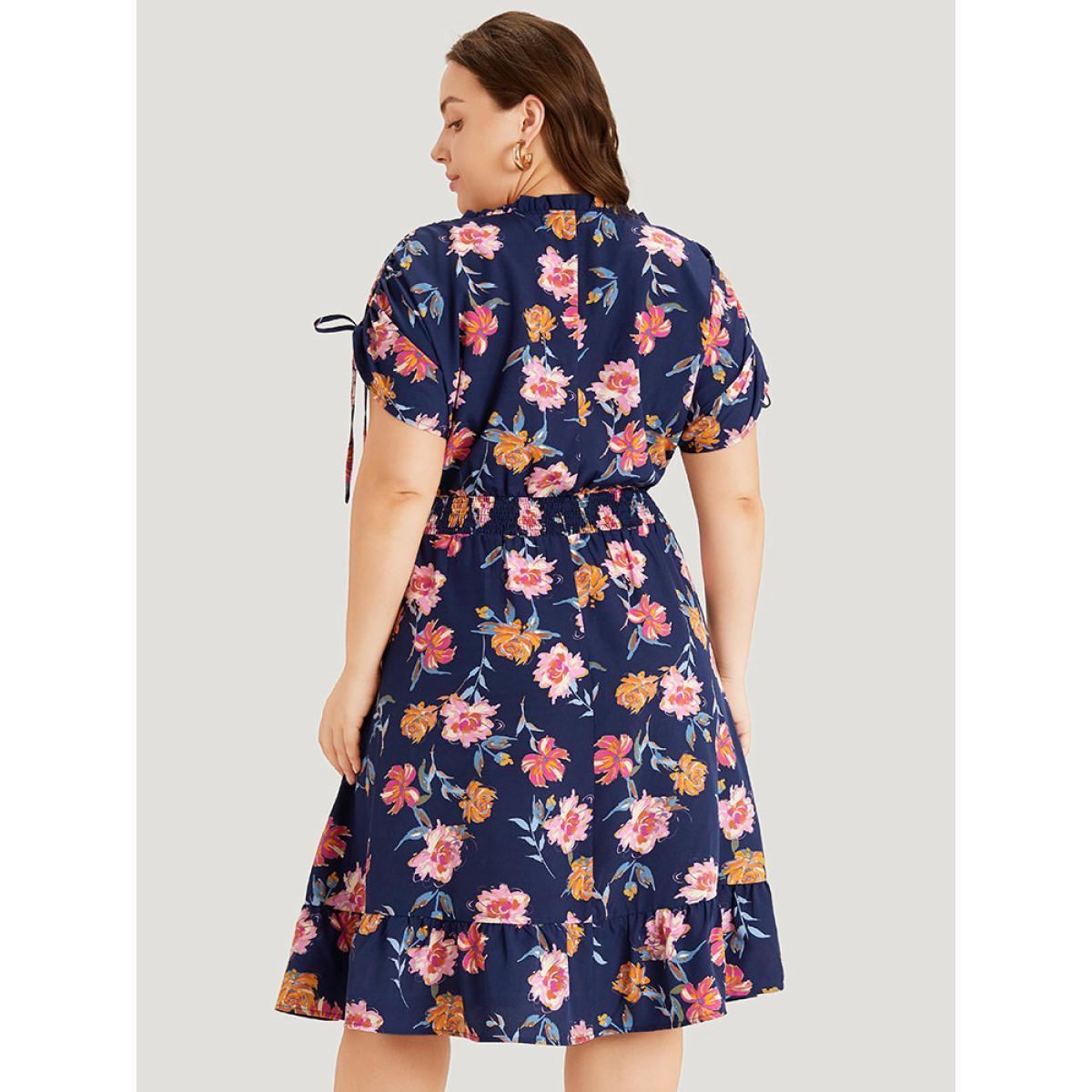 Plus Size Floral Knot Neck Drawstring Dolman Sleeve Shirred Dress Navy Women Elegant Frill Trim V-neck Short sleeve Curvy Midi Dress BloomChic 26/4X Product Image