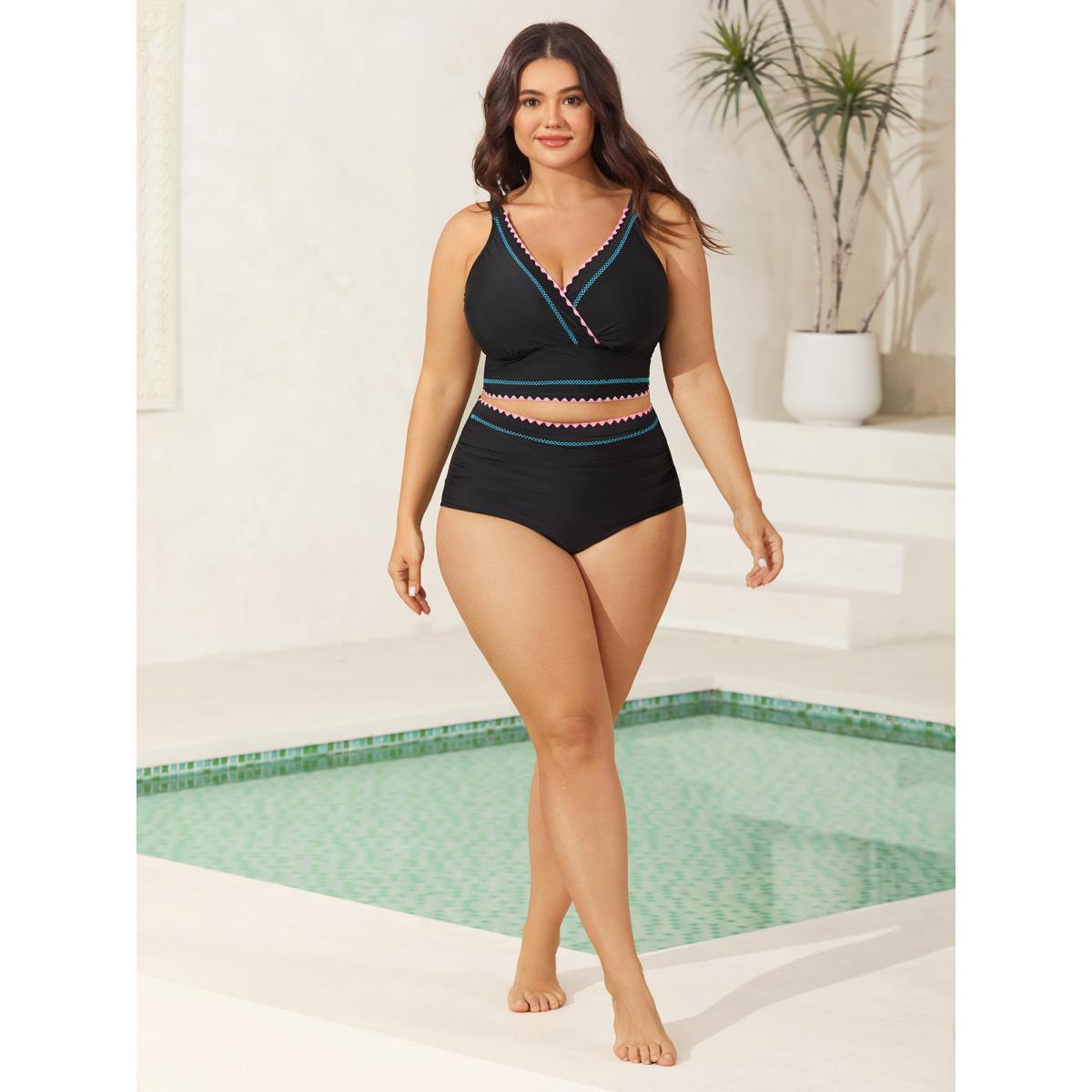 Plus Size Embroidered Color Contrast Swim Bottoms Women's Swimwear Black Beach Gathered High stretch Skinny High Rise Curve Swim Bottoms BloomChic 22-24/3X Product Image