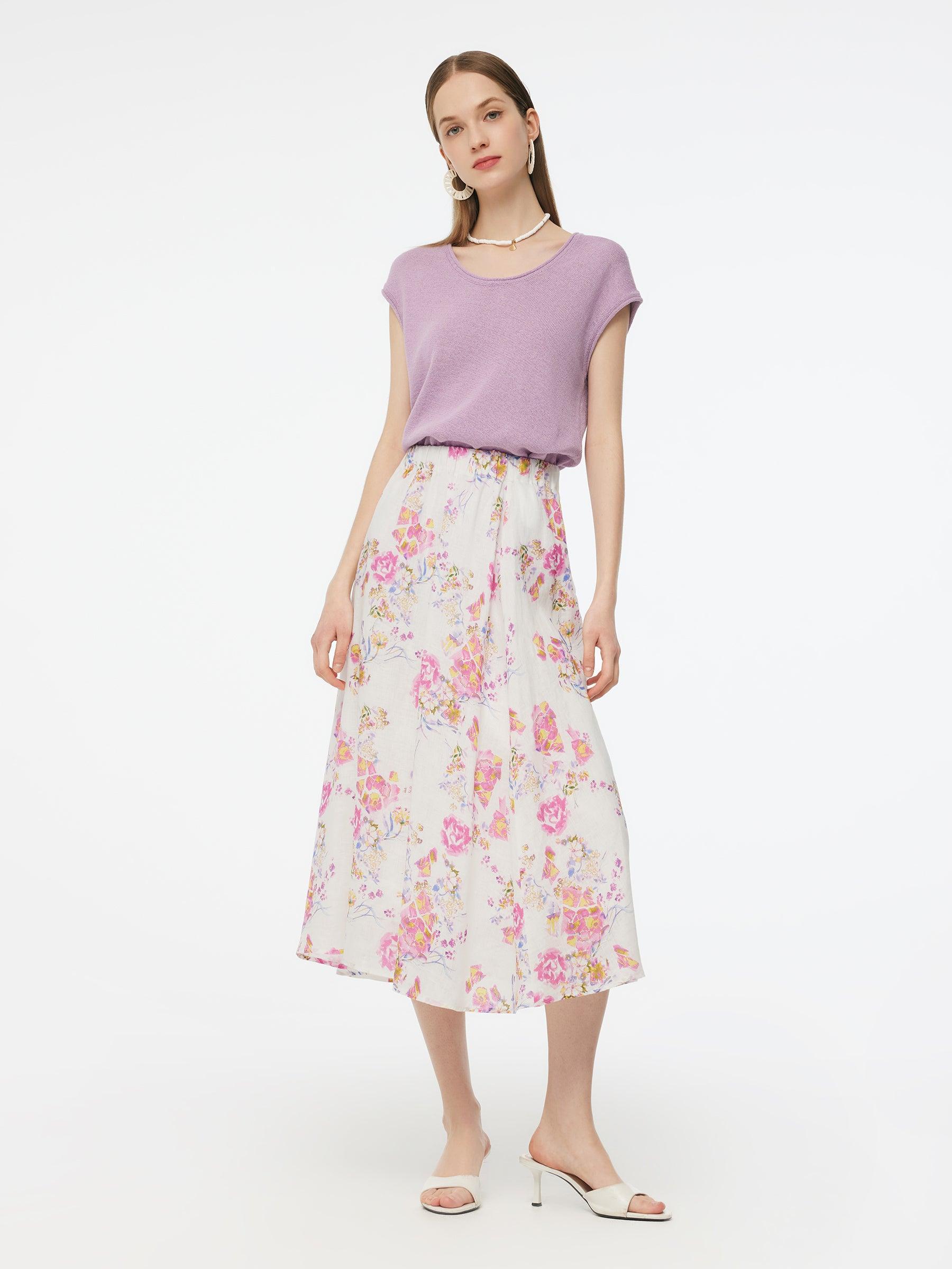 100% Linen Rose Print Women A-Line Skirt Product Image