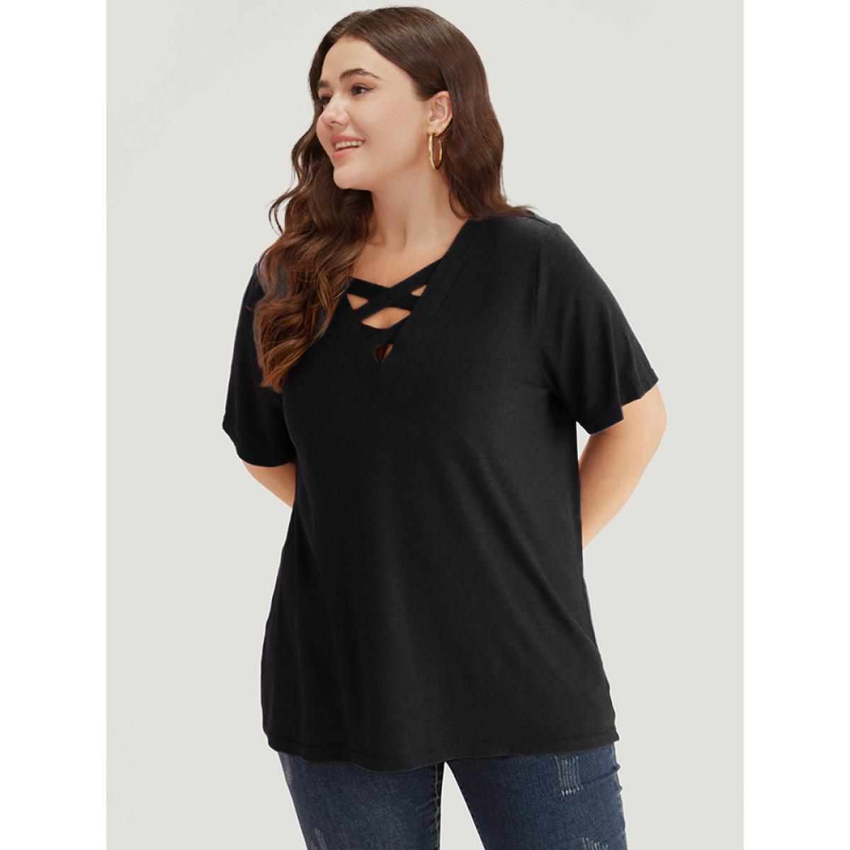 Plus Size Plain Heather Crisscross V Neck T-shirt Black Women Casual Heather Plain V-neck Dailywear T-shirts BloomChic 18-20/2X Product Image