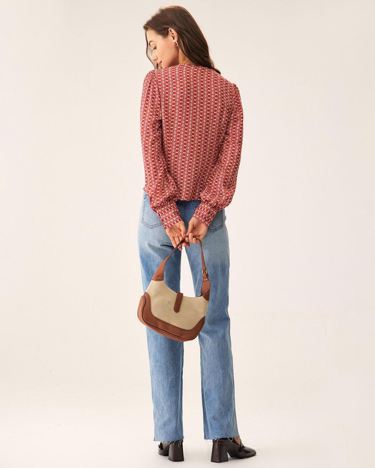 Red Floral V Neck Blouse Product Image