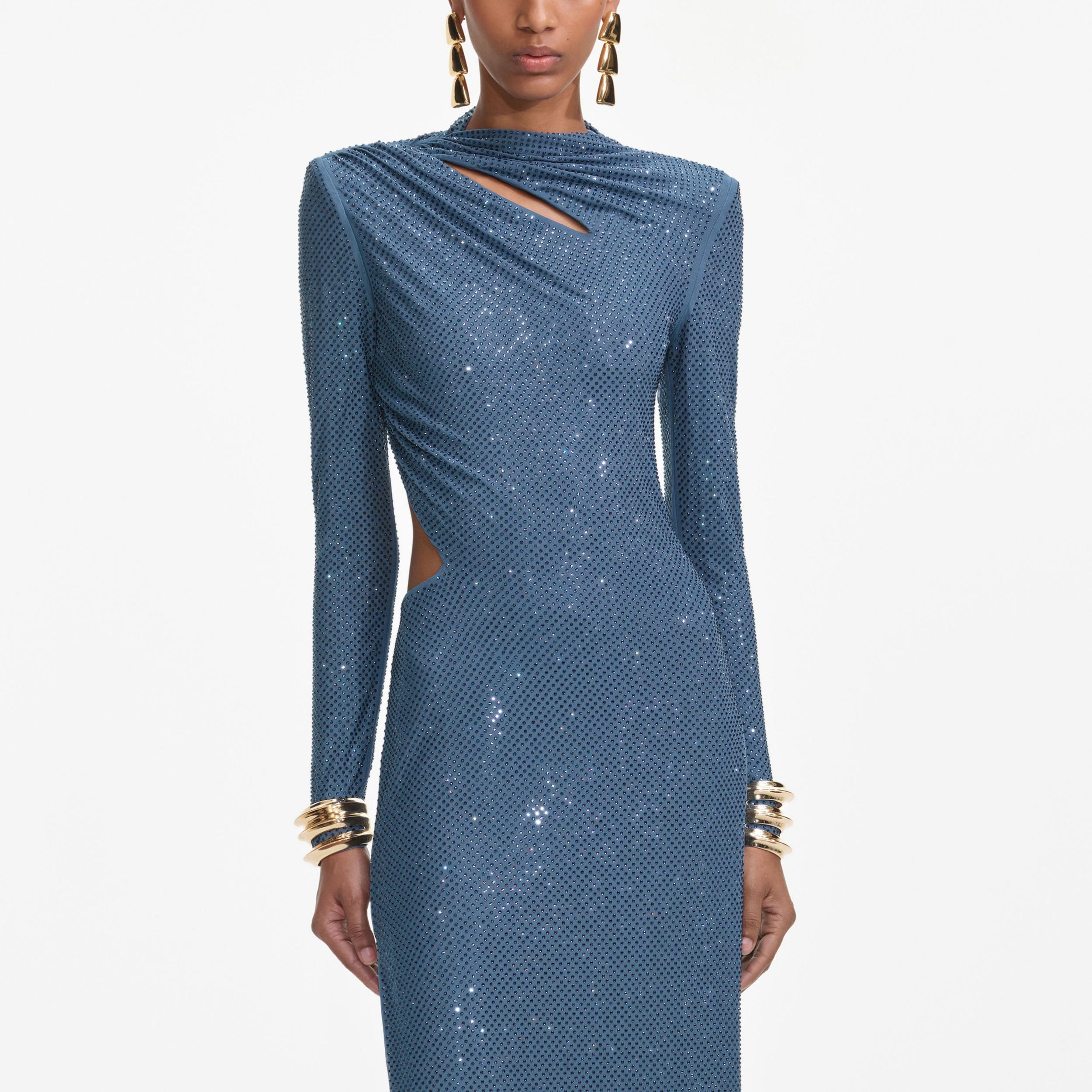 Blue Rhinestone Gathered Maxi Dress Product Image