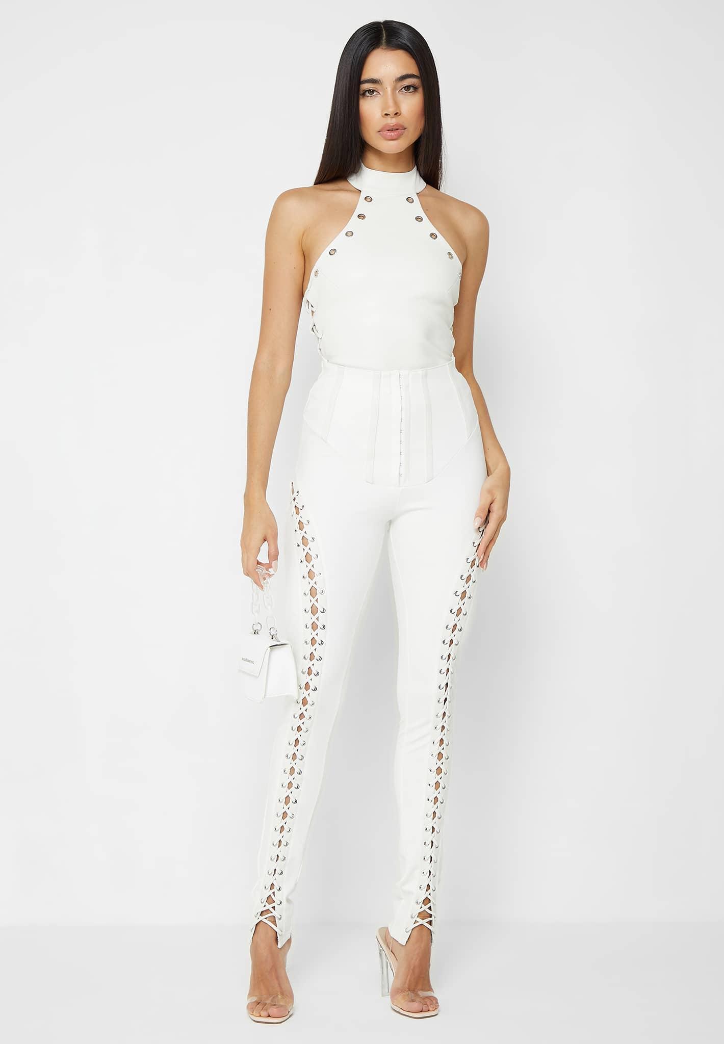 Lace Up Leggings with Corset Detail - White Female Product Image