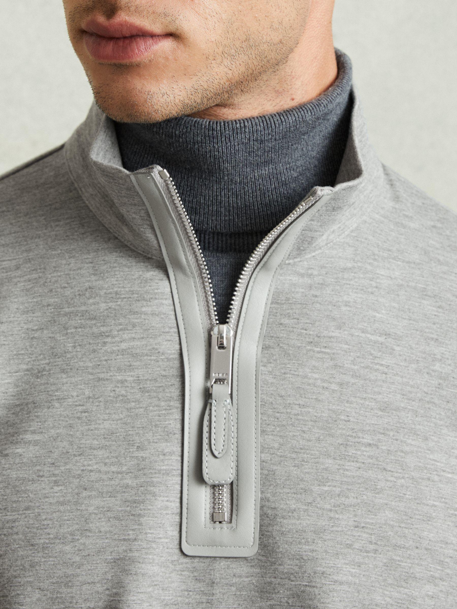 Leather-Placket Interlock-Jersey Sweatshirt in Grey Melange Product Image
