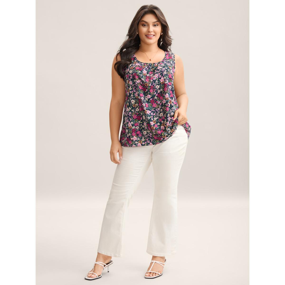Plus Size Floral Print Pleated Neck Tank Top Women Midnight Gathered U-neck Everyday-Elegant Tank Tops Camis BloomChic 18-20/2X Product Image
