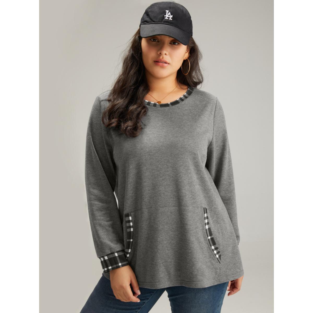 Plus Size Gingham Round Neck Pocket Patchwork Sweatshirt Women DimGray Casual Patchwork Round Neck Dailywear Sweatshirts BloomChic 10/M Product Image