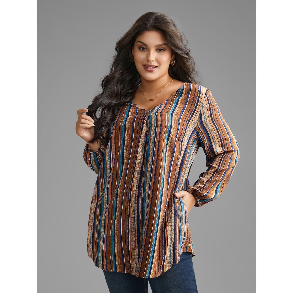 Plus Size Multicolor Contrast Striped Pocket Lantern Sleeve Blouse Women Elegant Extra Long Sleeve V-neck Everyday Blouses BloomChic 12/L Product Image