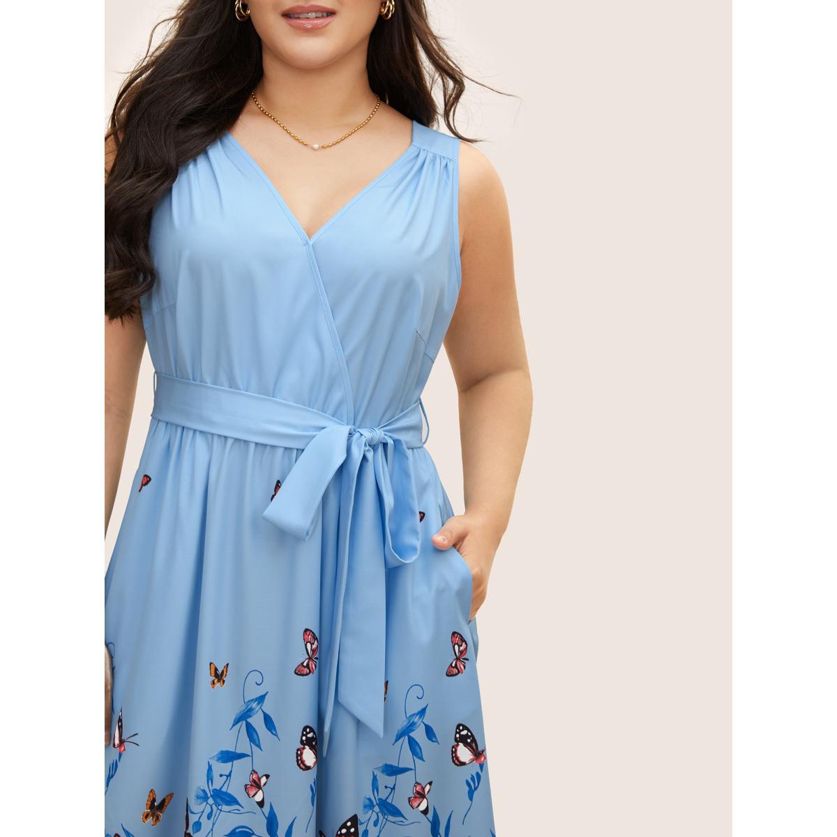 Plus Size Butterfly Print Wrap Gathered Tank Dress LightBlue Women Elegant Gathered Overlap Collar Sleeveless Curvy BloomChic 18-20/2X Product Image