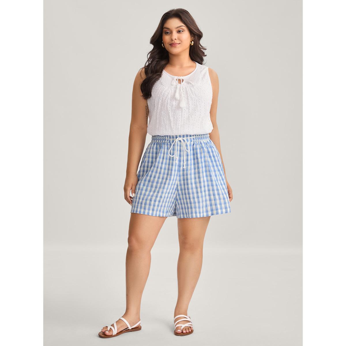 Plus Size Plaid Print Drawstring Wide-Leg Shorts Women LightBlue Casual Drawstring Wide Leg Everyday-Casual Shorts BloomChic 26/4X Product Image