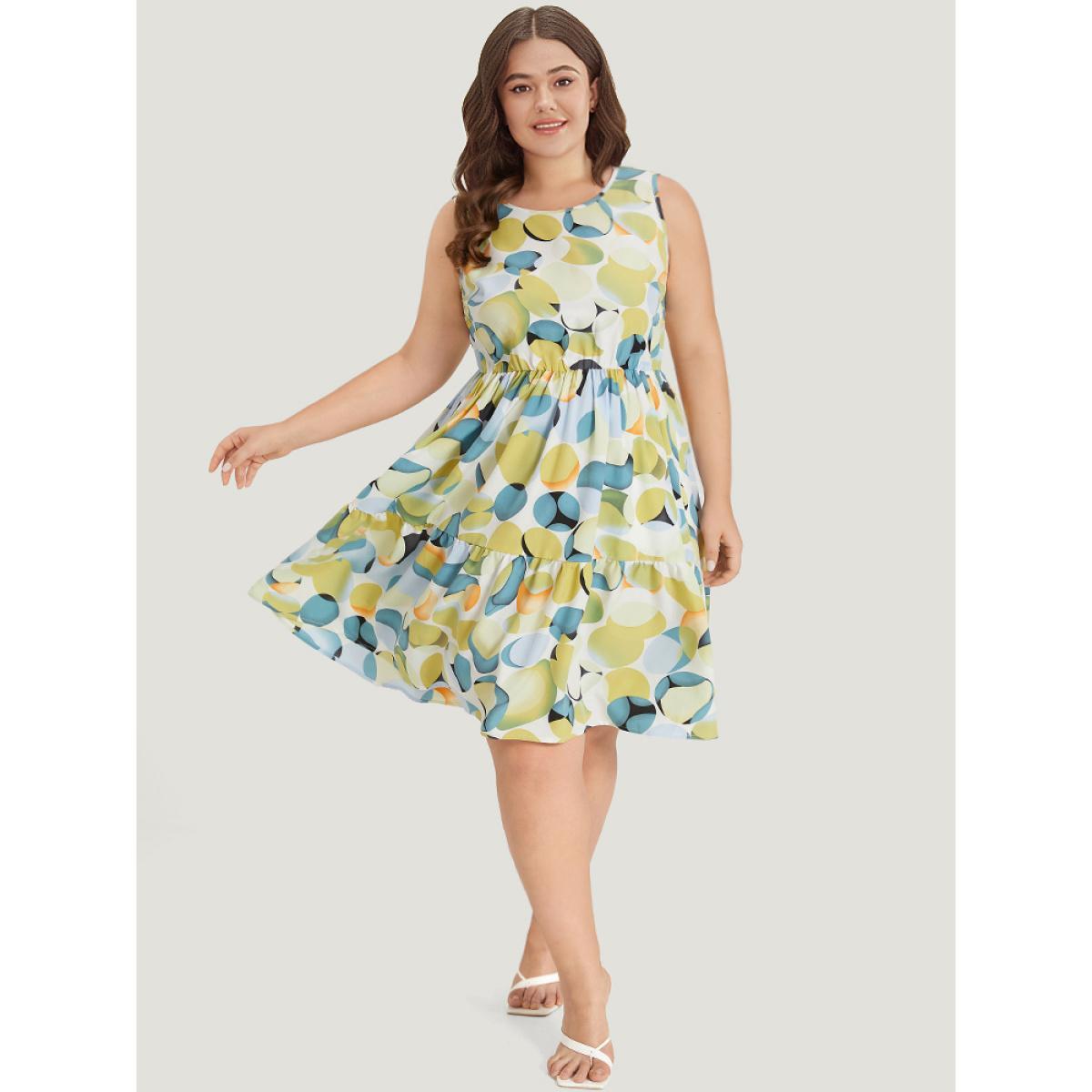 Plus Size Geometric Print Pocket Ruffle Layered Hem Sleeveless Dress YellowGreen Women Elegant Lined Round Neck Sleeveless Curvy Knee Dress BloomChic 18-20/2X Product Image