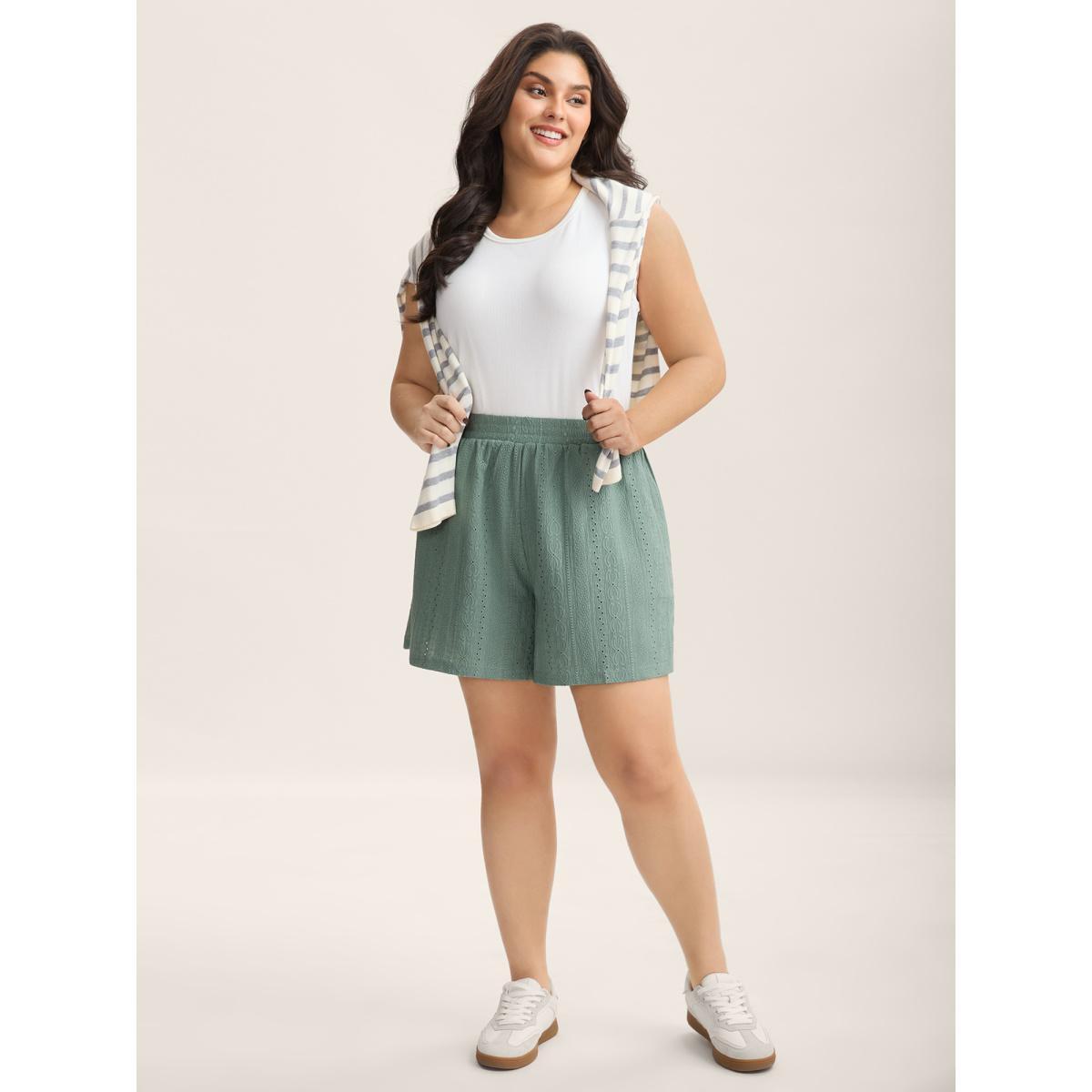 Plus Size Eyelet Trim Textured Breezy Shorts Women Greenbean Casual Texture Straight Leg Everyday-Casual Shorts BloomChic 30/6X Product Image