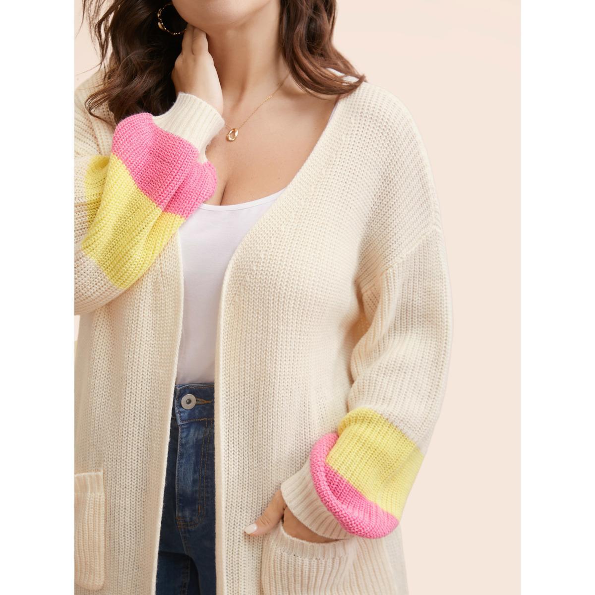 Plus Size Colorblock Contrast Lantern Sleeve Pocket Cardigan Beige Women Casual Loose Long Sleeve Everyday Cardigans BloomChic 26/4X Product Image