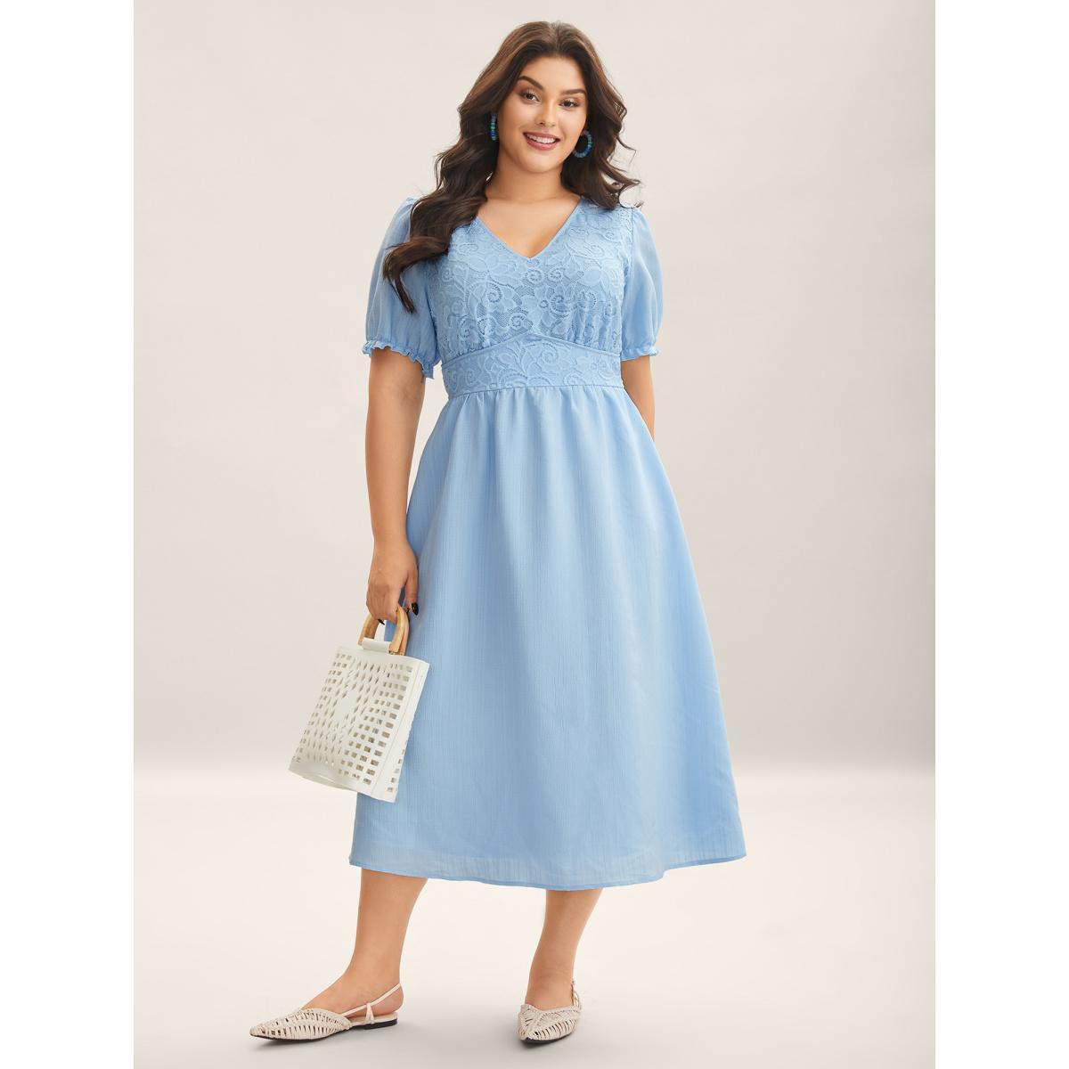 Plus Size V Neck Textured Lace Midi Dress LightBlue Women V-neck Short sleeve Curvy BloomChic 30/6X Product Image