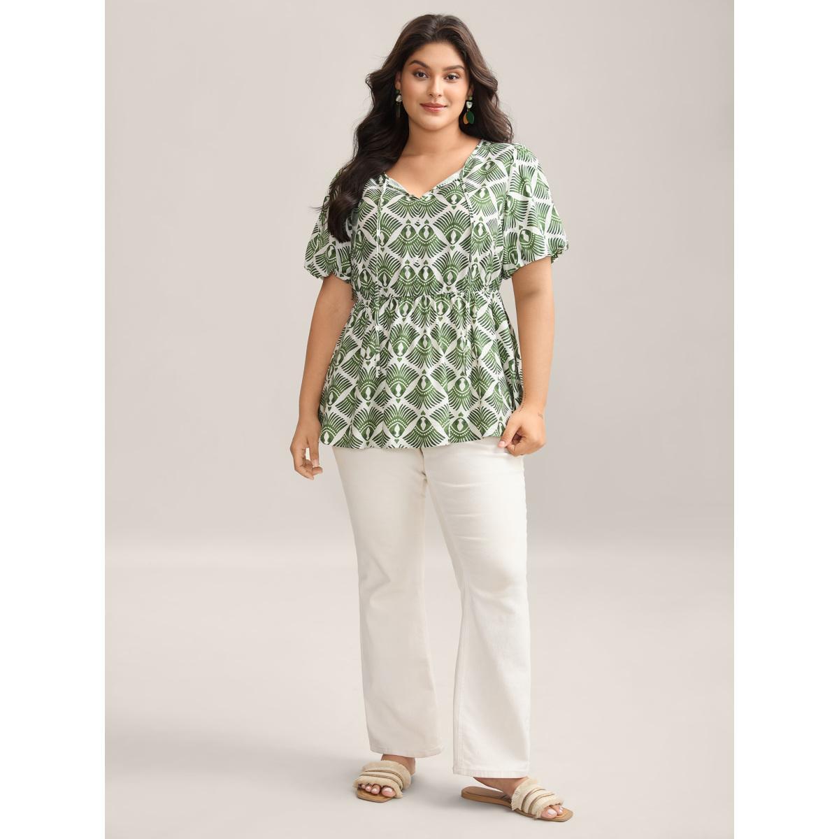 Plus Size Moss Large Floral Print Flared Sleeve Tie Blouse Women Short sleeve Flat collar with V-notch Vacation Blouses BloomChic 12/L Product Image