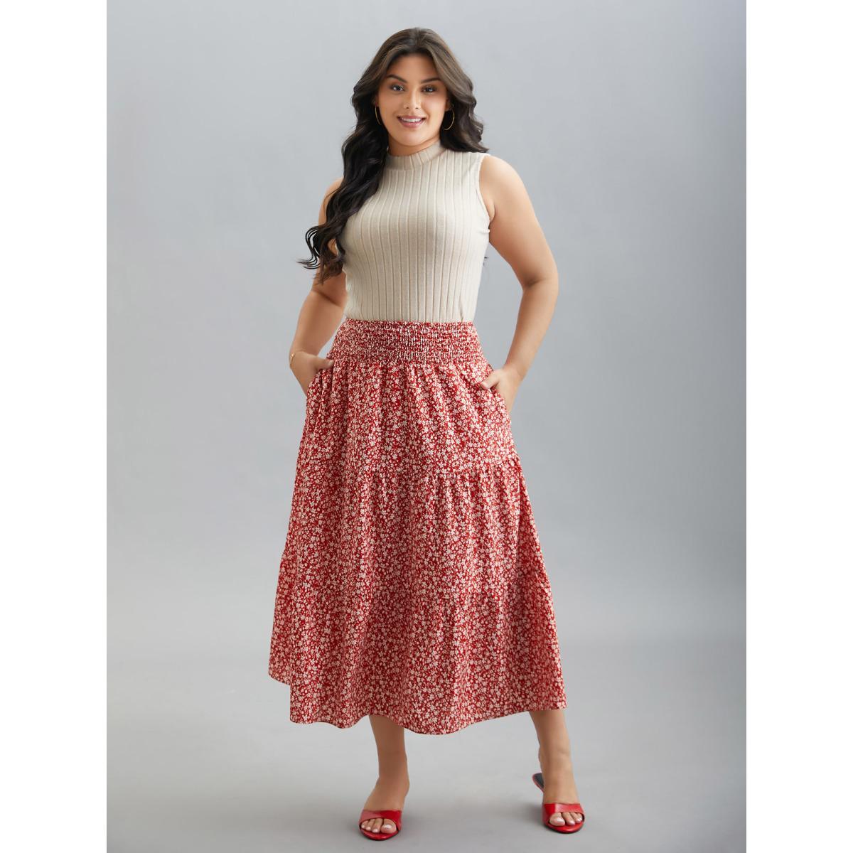 Plus Size Romantic Floral Waist Shirred Midi Skirt Women Crimson Elegant Shirred No stretch Side seam pocket Everyday Skirts BloomChic 28/5X Product Image