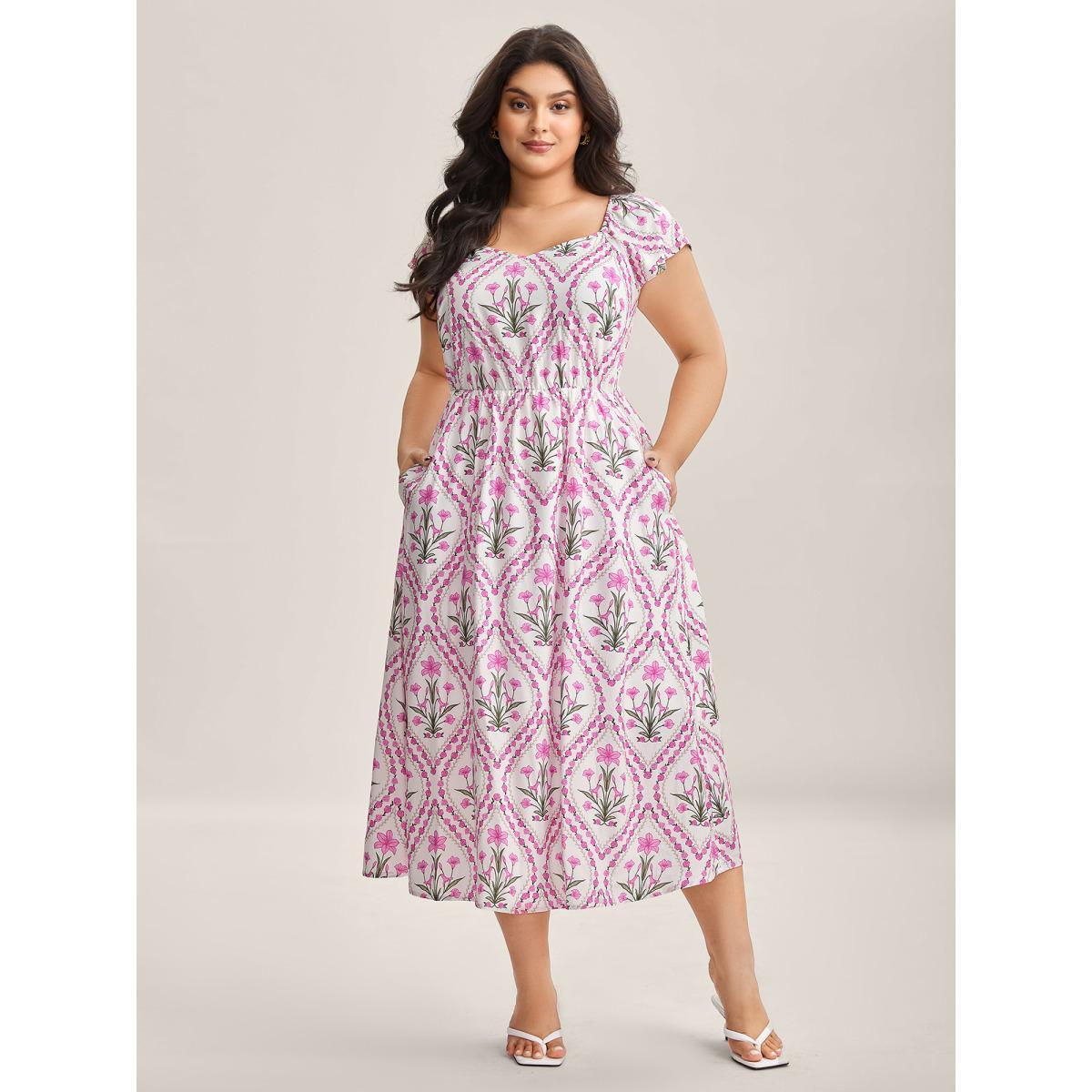 Plus Size Floral Print Pockets Midi Dress Lilac Women Heart neckline Cap Sleeve Curvy BloomChic 30/6X Product Image