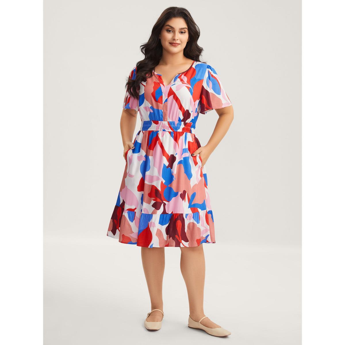 Plus Size Color Block Stretchy Notched Midi Dress Multicolor Women Flat collar with V-notch Cap Sleeve Curvy BloomChic 30/6X Product Image