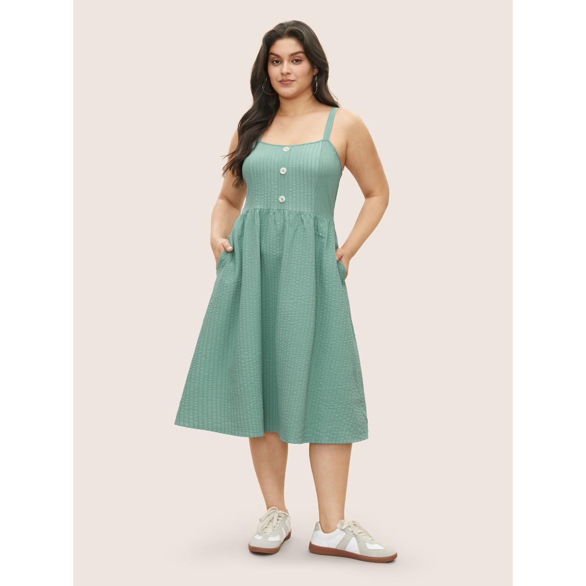 Plus Size Plain Texture Button Detail Cami Dress Teal Women Casual Texture Non Sleeveless Curvy Midi Dress BloomChic 14-16/1X Product Image