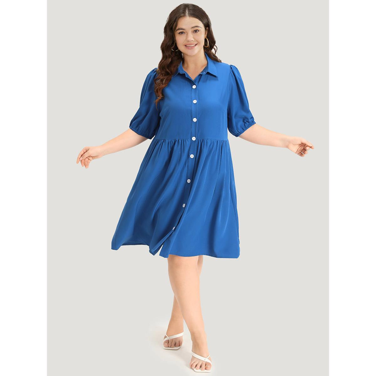 Plus Size Plain Shirt Collar Button Through Gathered Lantern Sleeve Dress Blue Women Elegant Elastic cuffs Shirt collar Half Sleeve Curvy Knee Dress BloomChic 30/6X Product Image