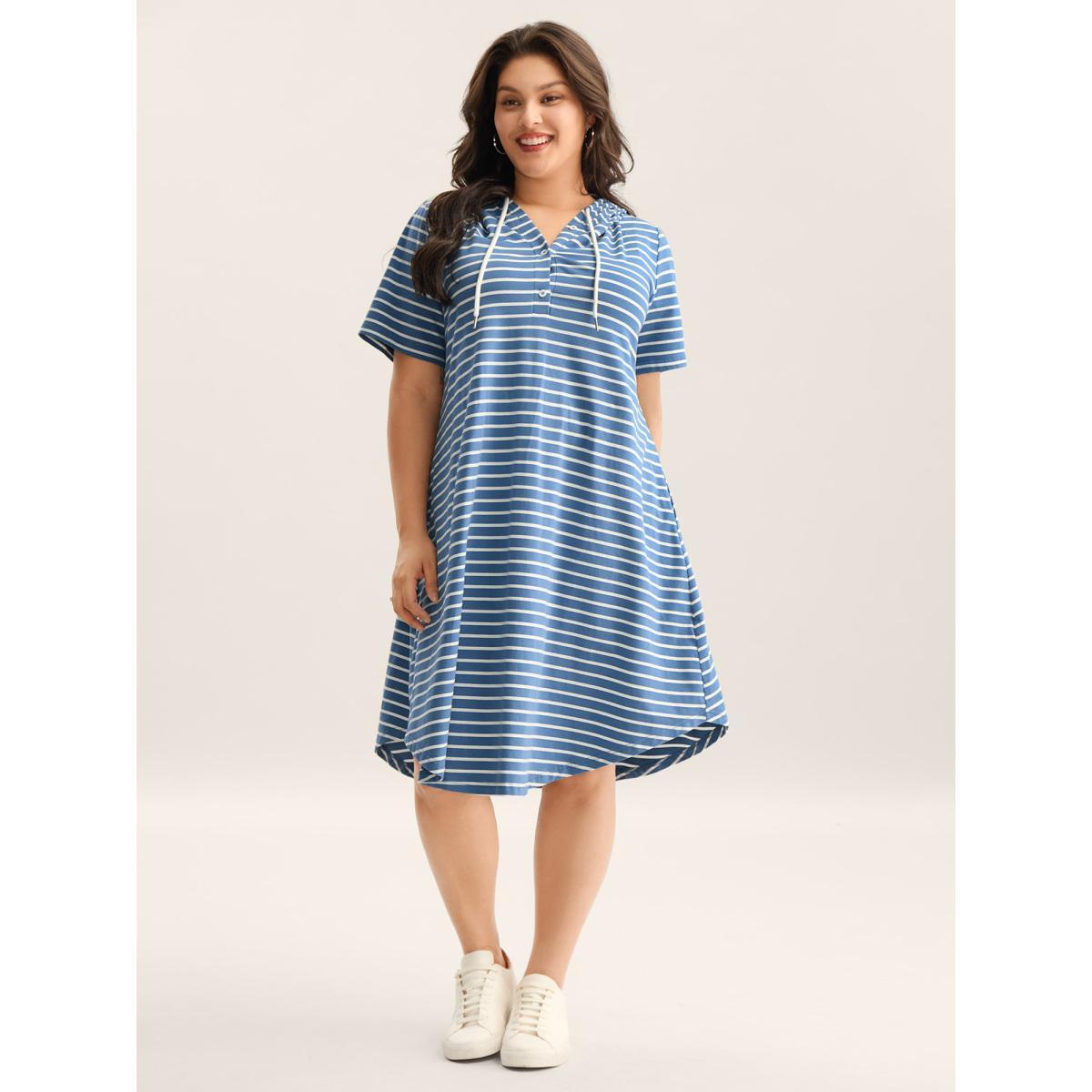 Plus Size Stripe Print Curvy Hem Hooded Midi Dress Stone Women Hooded Short sleeve Curvy BloomChic 22-24/3X Product Image