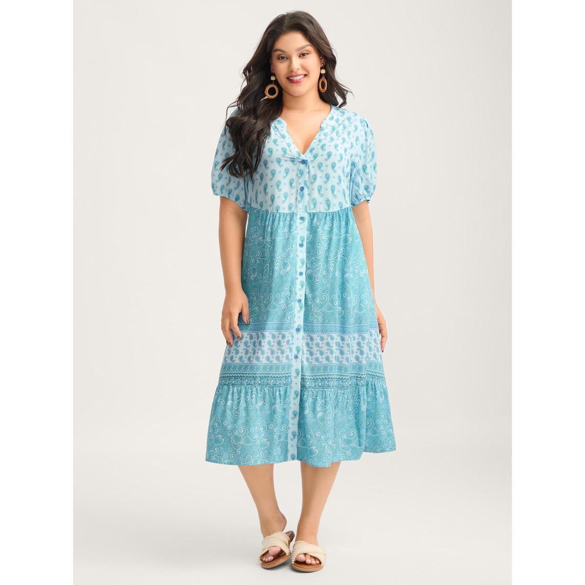 Plus Size Paisley Print Contrast Button Placket Midi Dress Mint Women Flat collar with V-notch Half Sleeve Curvy BloomChic 22-24/3X Product Image