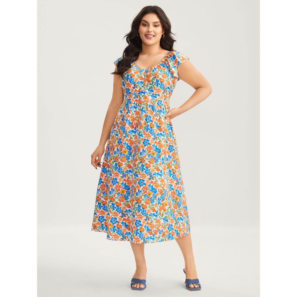 Plus Size Floral Print Stretchy Waist Flutter Midi Dress Multicolor Women V-neck Cap Sleeve Curvy BloomChic 26/4X Product Image