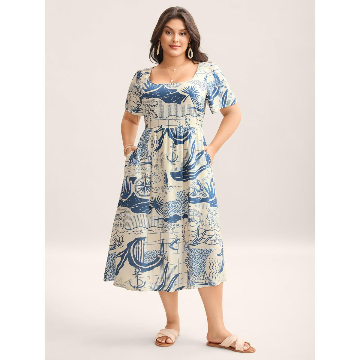Plus Size Ocean Symphony Print Pockets Midi Dress Mediumblue Women Square Neck Short sleeve Curvy BloomChic 18-20/2X Product Image