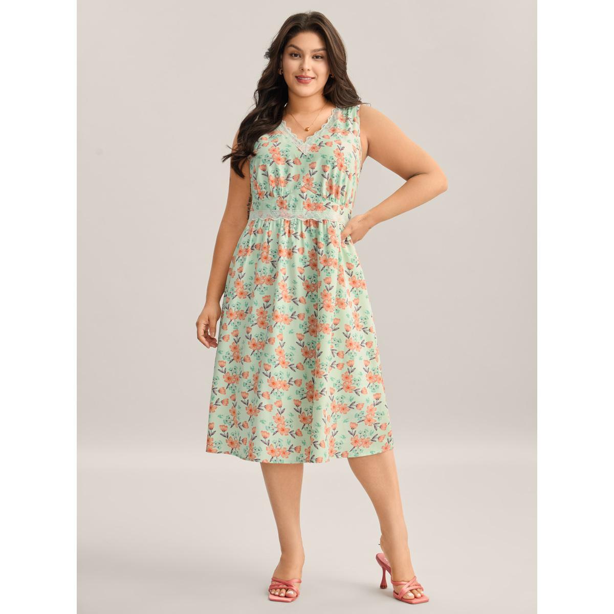Plus Size Breezy Floral Print Lace Trim Midi Dress LightGreen Women V-neck Sleeveless Curvy BloomChic 22-24/3X Product Image