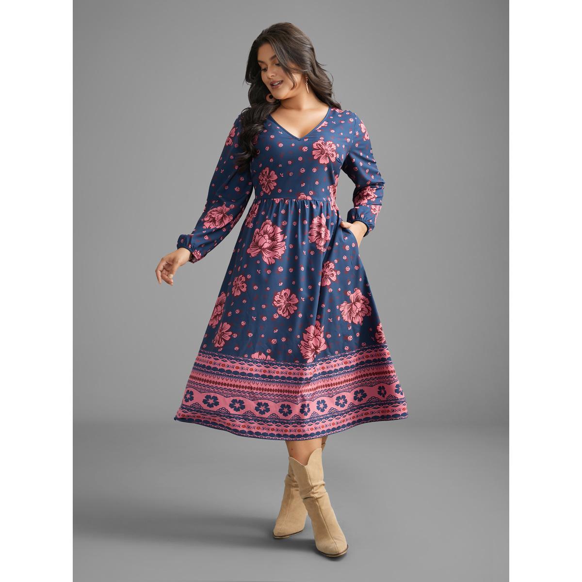 Plus Size Boho Print V Neck Elastic Waist Dress Midnight Women Resort Non V-neck Long Sleeve Curvy BloomChic 28/5X Product Image