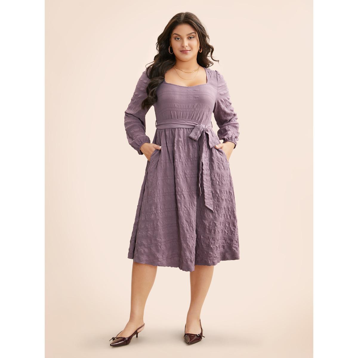 Plus Size Square Neck Plain Textured Belted Dress Mauve Women Elegant Texture Square Neck Long Sleeve Curvy BloomChic 30/6X Product Image