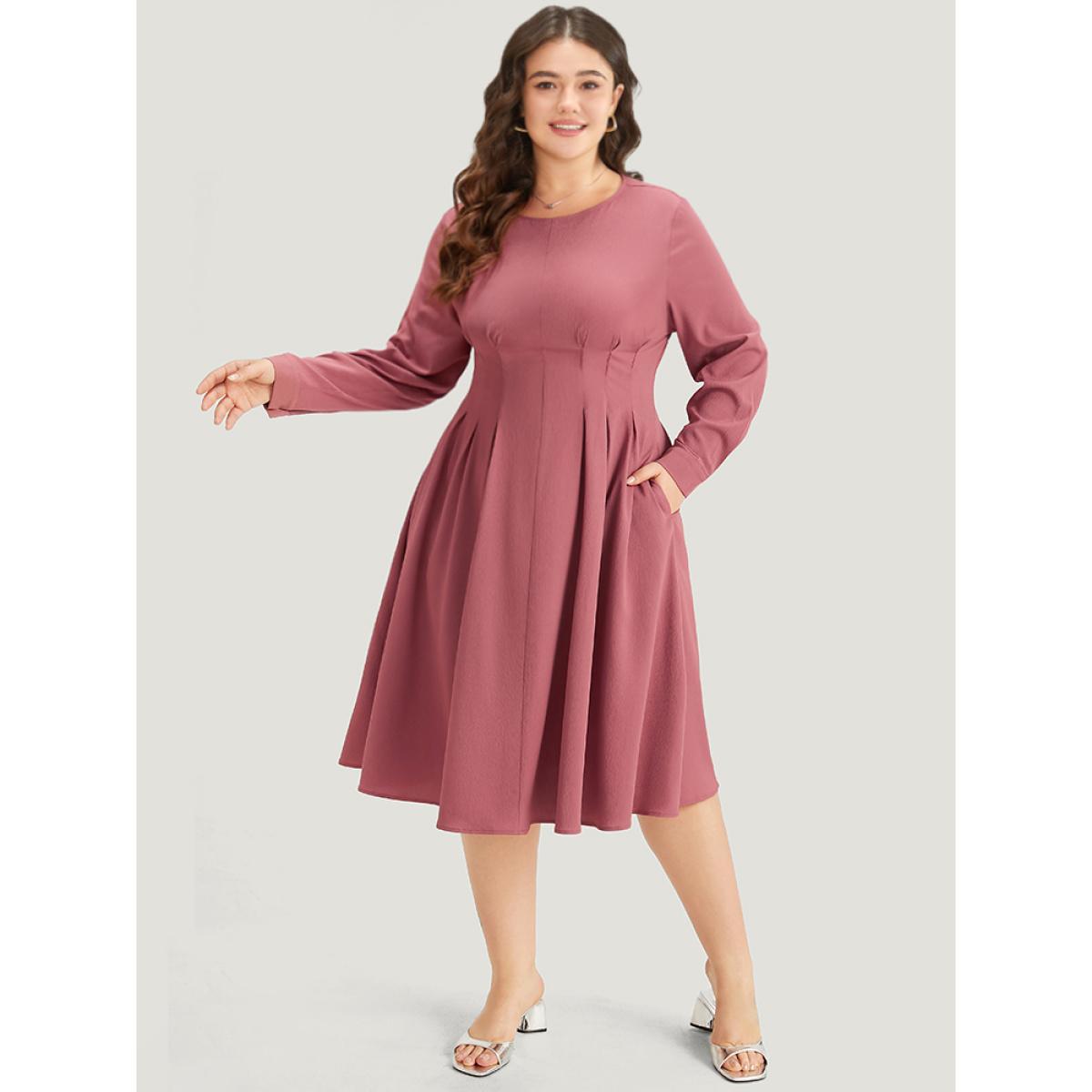 Plus Size Crew Neck Plicated Detail Ruffle Hem Dress DustyPink Women Office Plain Round Neck Long Sleeve Curvy Midi Dress BloomChic 22-24/3X Product Image