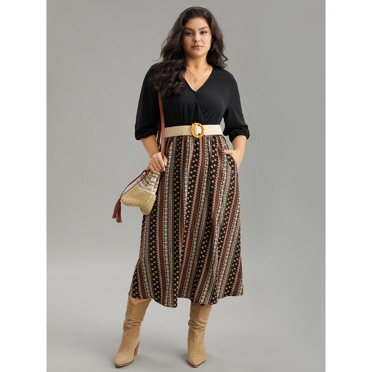 Plus Size Bandana Striped Patchwork Wrap Dress Black Women Vacation Elastic cuffs V-neck Elbow-length sleeve Curvy Midi Dress BloomChic 14-16/1X Product Image
