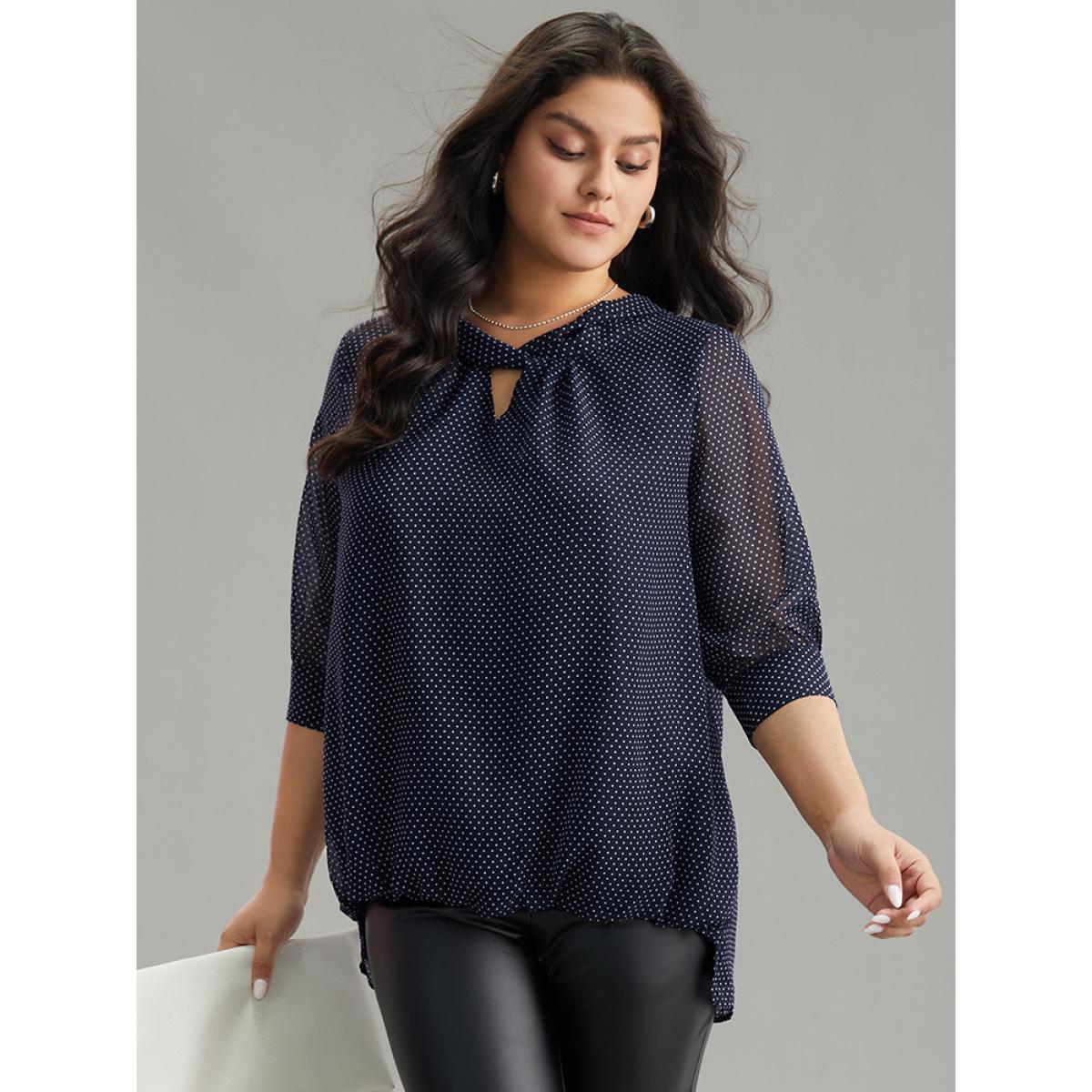 Plus Size Indigo Chiffon Polka Dot Mesh Keyhole Twist Front Blouse Women Office Elbow-length sleeve Round Neck Work Blouses BloomChic 18-20/2X Product Image
