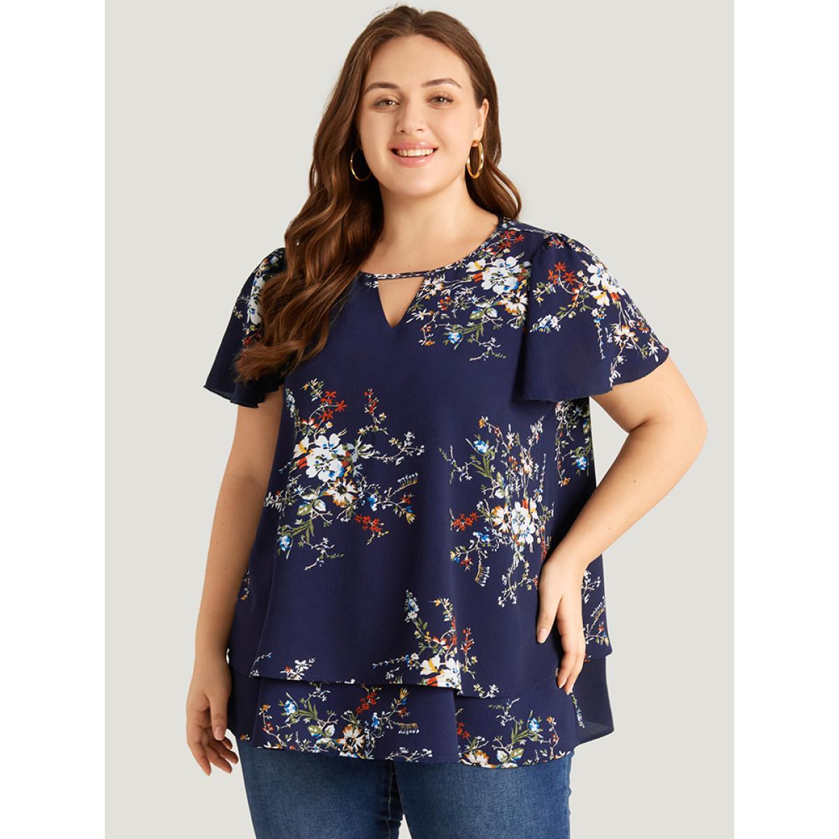 Plus Size Indigo Floral Print Keyhole Flutter Sleeve Blouse Women Elegant Short sleeve Keyhole Cut-Out Dailywear Blouses BloomChic 14-16/1X Product Image