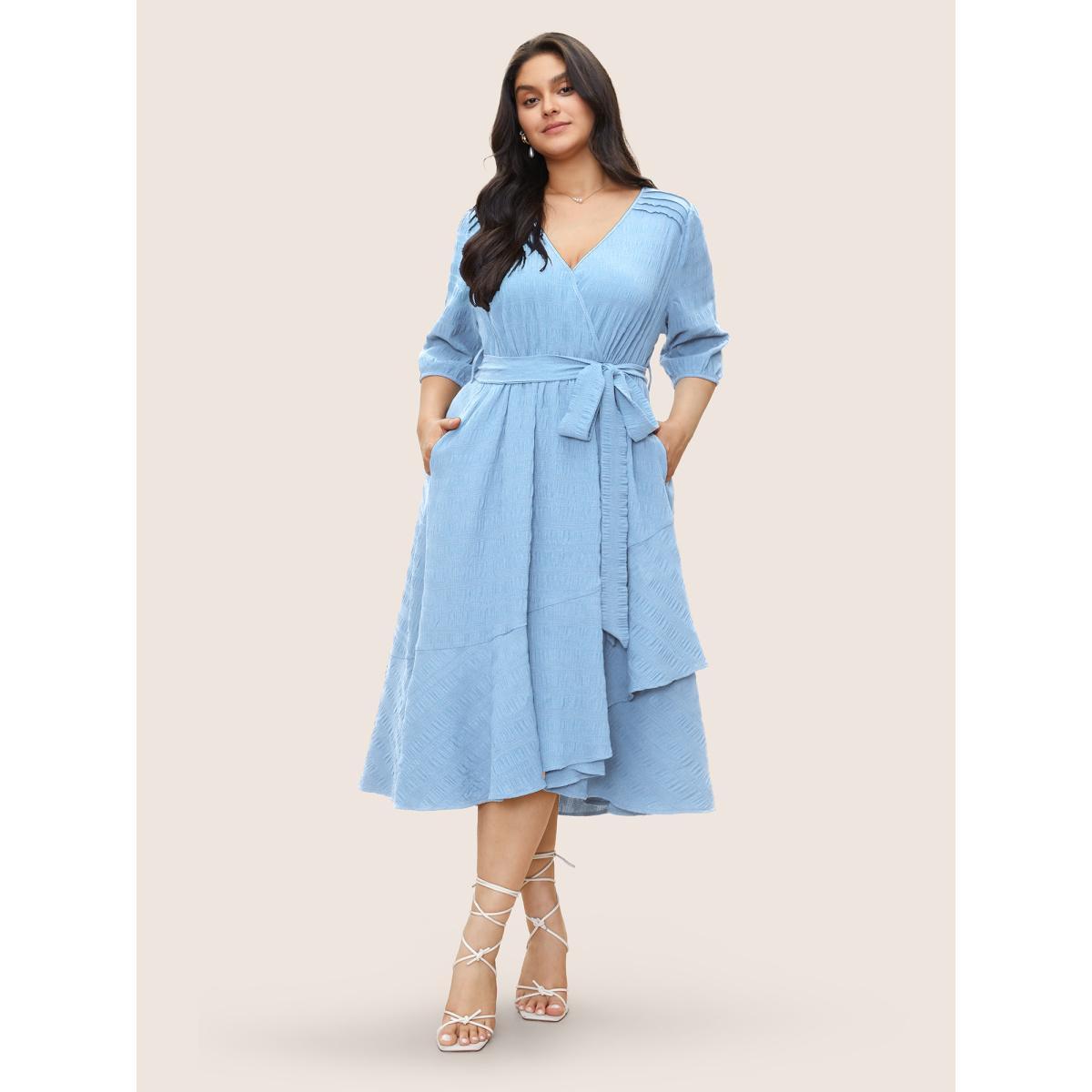 Plus Size Plisse Overlap Collar Belted Pleated Detail Dress LightBlue Women At the Office Non Overlap Collar Elbow-length sleeve Curvy Midi Dress BloomChic 30/6X Product Image