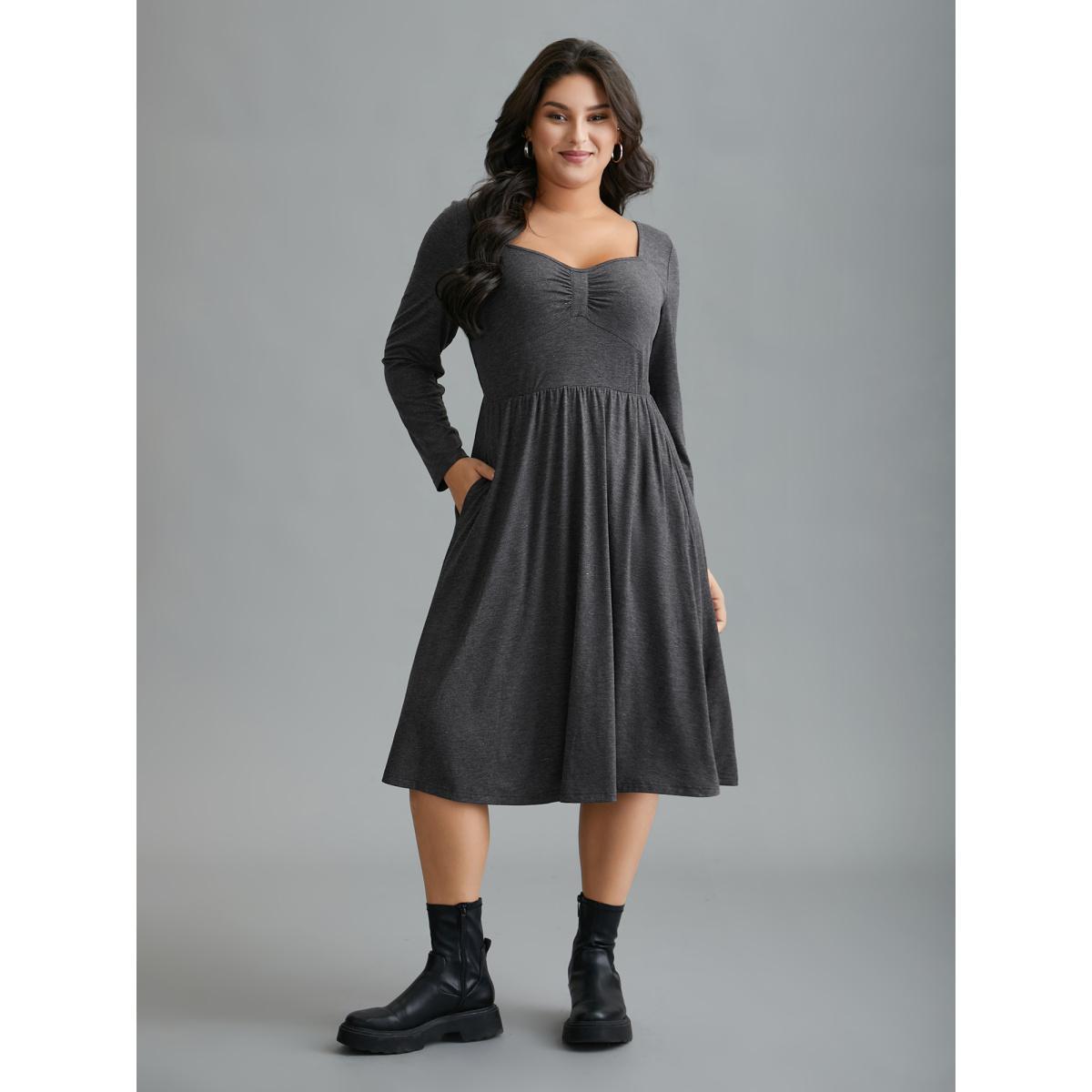 Plus Size Heart Neckline Knit Gathered Midi Dress DimGray Women Casual Gathered Knit Dresses Bloomchic 30/6X Product Image