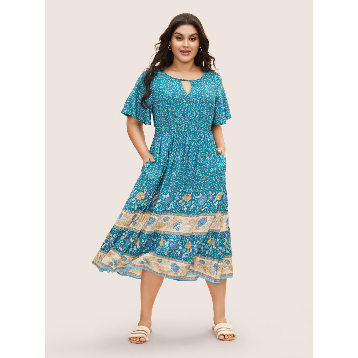 Plus Size Bandana Keyhole Ruffle Sleeve Midi Dress Mediumblue Women Resort Gathered Notched collar Short sleeve Curvy BloomChic 22-24/3X Product Image