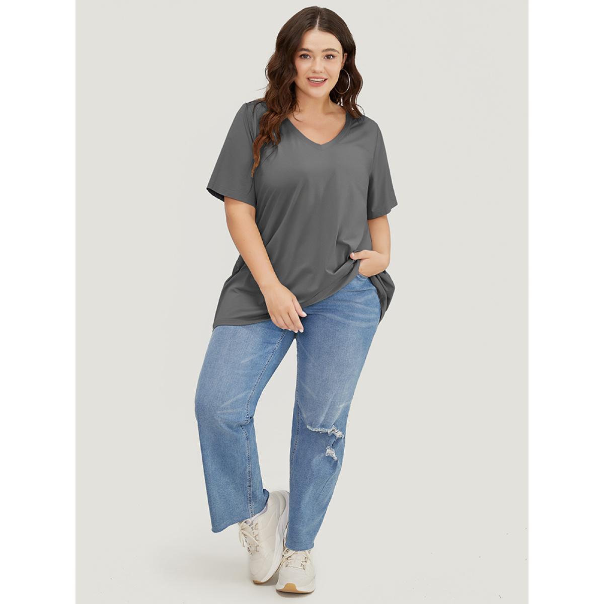 Plus Size UltraCool V Neck Slightly Stretchy T-shirt Gray Women Basics Plain V-neck Dailywear T-shirts BloomChic 12/L Product Image