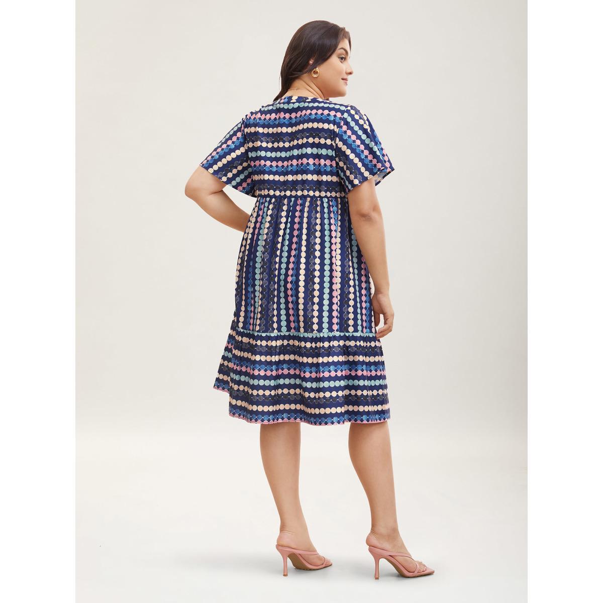 Plus Size Dot Print Elastic Waist Split Neck Midi Dress Indigo Women Casual Ruffles Flat collar with V-notch Short sleeve Curvy BloomChic 12/L Product Image
