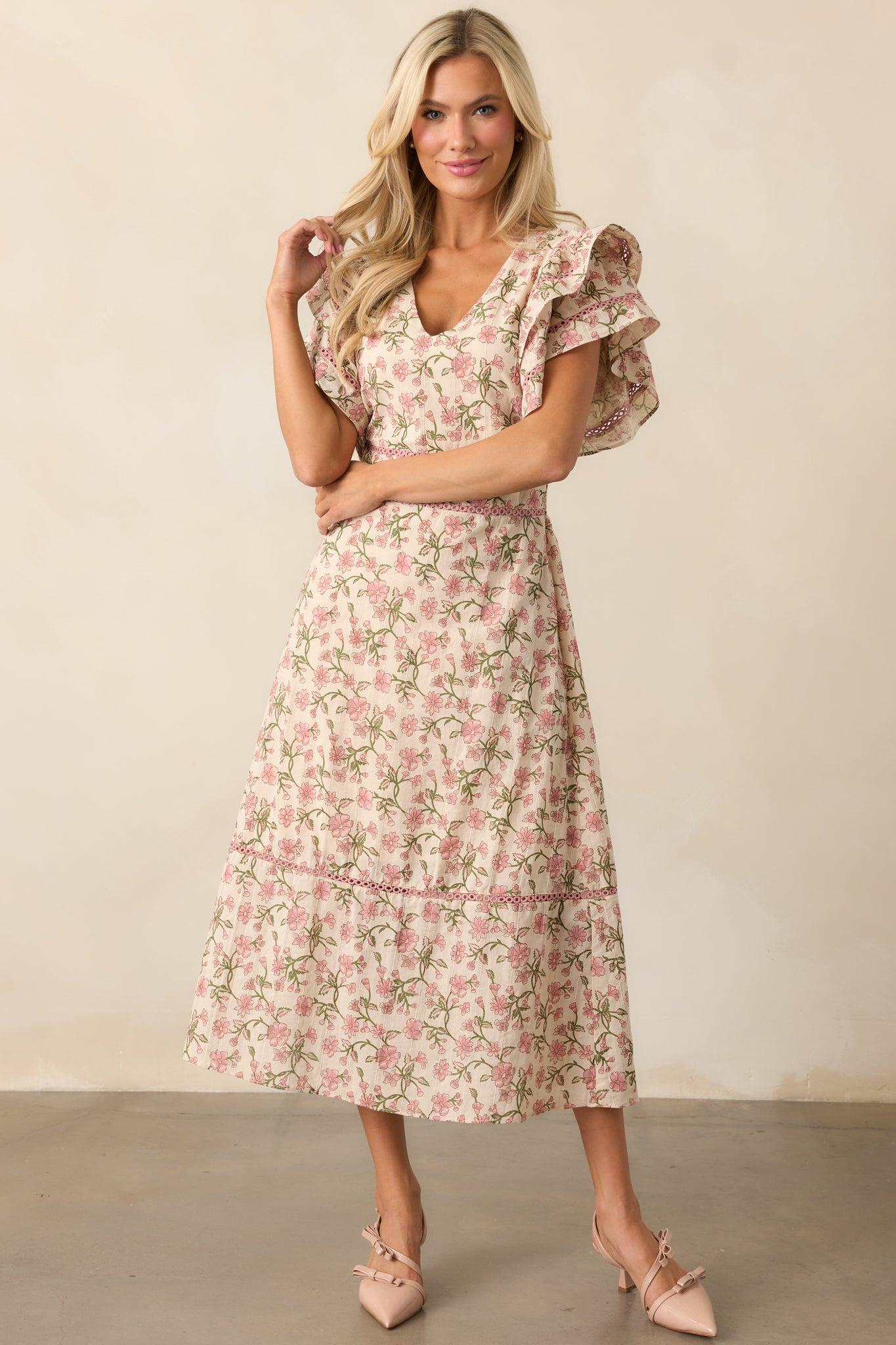 Dandelion Wishes Cotton Rose Pink Flutter Sleeve Midi Dress Product Image
