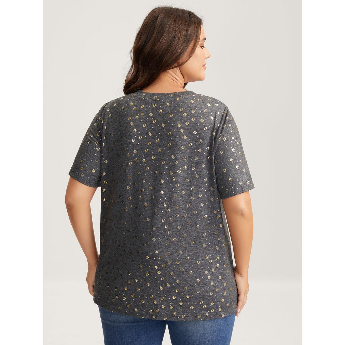 Plus Size Supersoft Stretchy Gold Floral T-Shirt DimGray Women Non V-neck Everyday-Casual T-shirts BloomChic 10/M Product Image