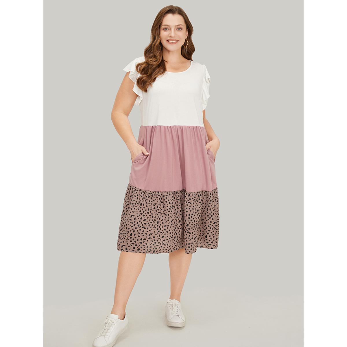 Plus Size Leopard Contrast Ruffle Trim Pocket Layered Hem Dress Multicolor Women Casual Patchwork Round Neck Cap Sleeve Curvy Midi Dress BloomChic 14-16/1X Product Image