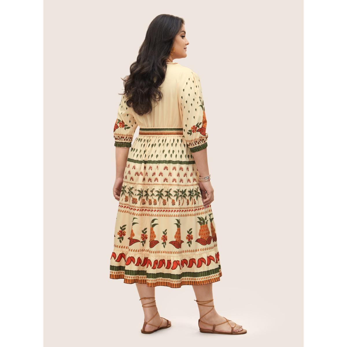 Plus Size Boho Print Notched Collar Patchwork Belted Dress Apricot Women Resort Non Notched collar Elbow-length sleeve Curvy Midi Dress BloomChic 18-20/2X Product Image