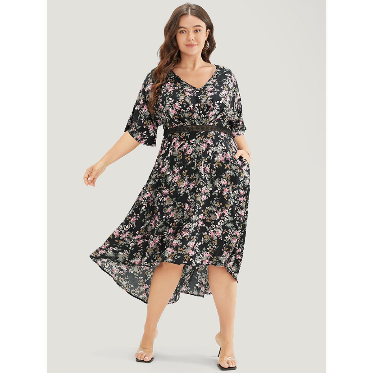 Plus Size Floral Lace Insert Dolman Sleeve Pocket Ruffle High Low Dress Black Women Elegant Lace V-neck Short sleeve Curvy Midi Dress BloomChic 12/L Product Image