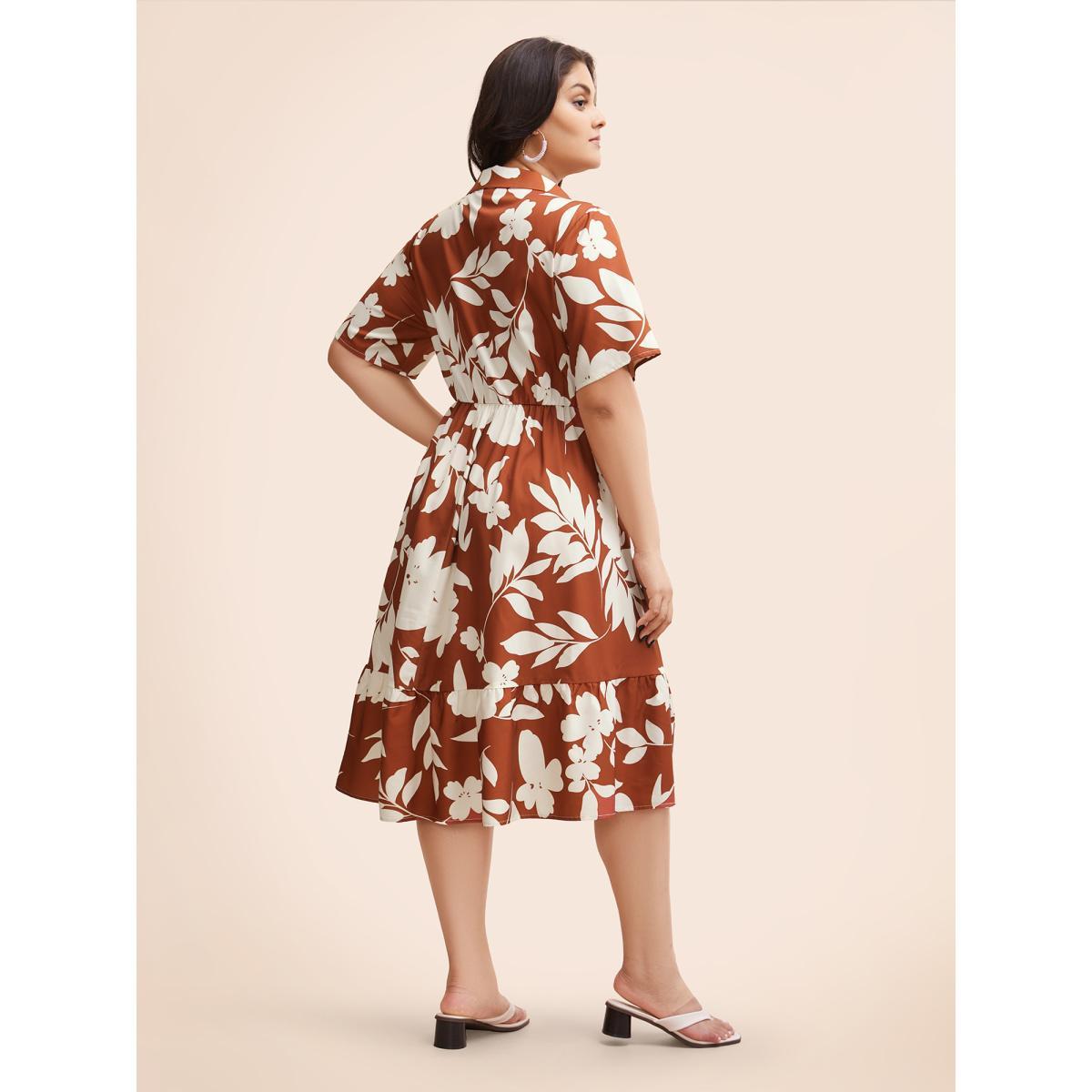 Plus Size Silhouette Floral Print Button Detail Midi Dress Russet Women Elegant Button Shirt collar Short sleeve Curvy BloomChic 28/5X Product Image