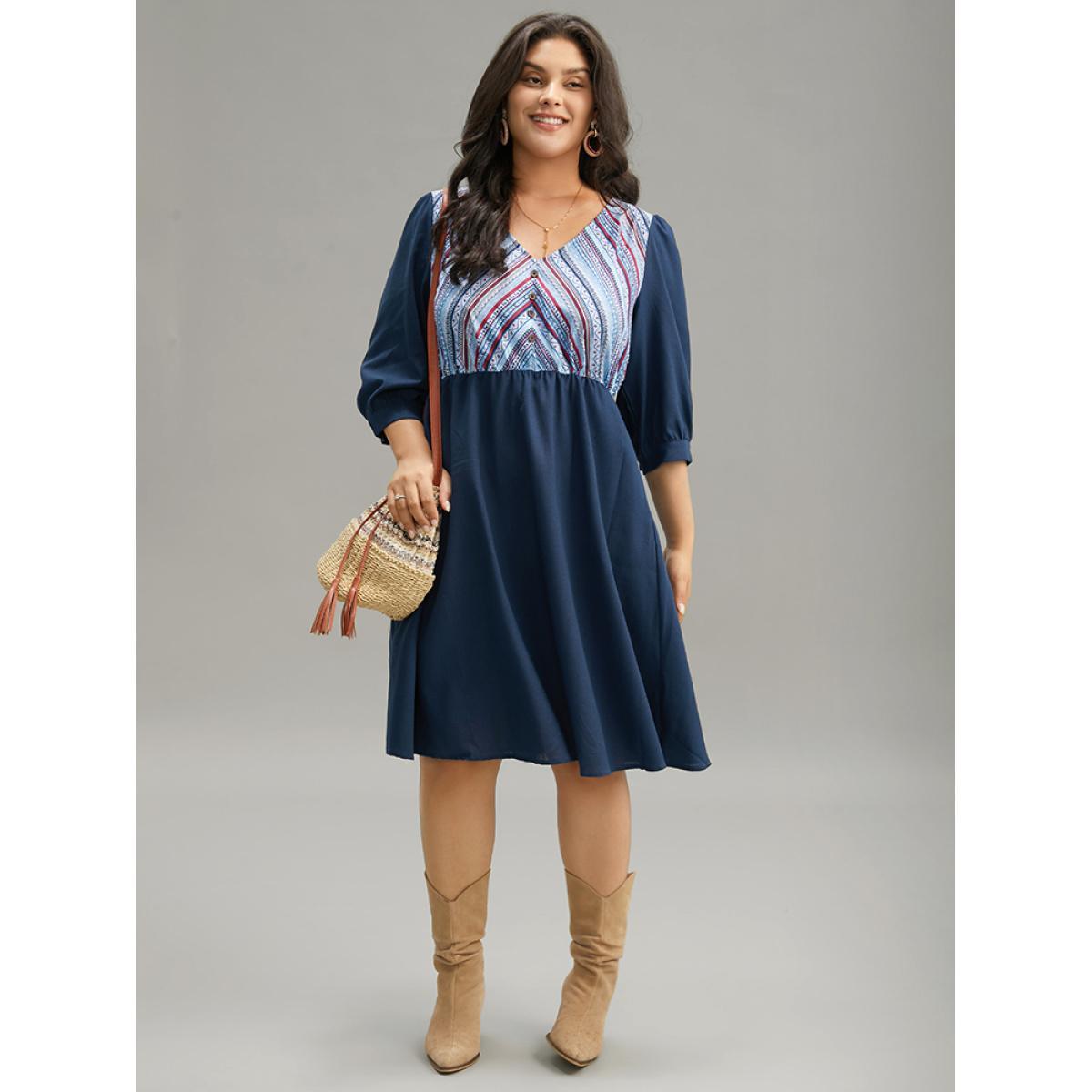 Plus Size Boho Print Striped Patchwork Lantern Sleeve Dress Indigo Women Vacation Printed V-neck Elbow-length sleeve Curvy Midi Dress BloomChic 10/M Product Image